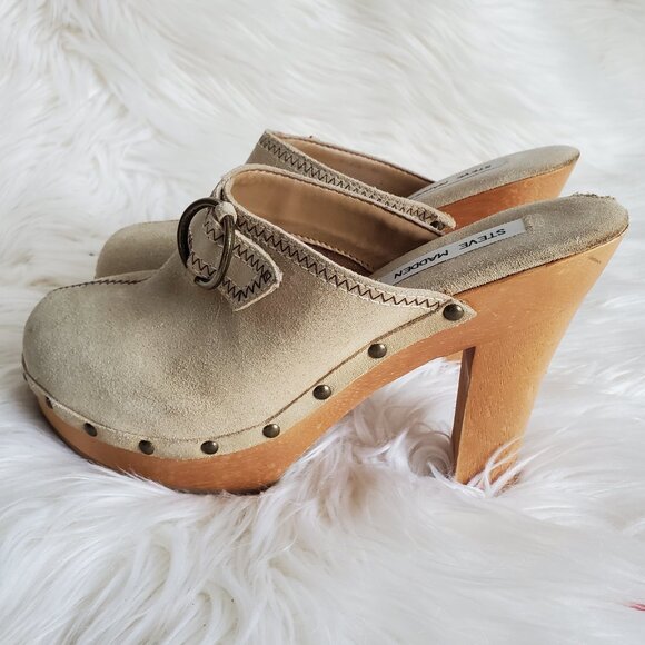 Steve Madden Faris Suede Studded Clogs Mules Wooden Heels SZ 8 - Picture 5 of 13